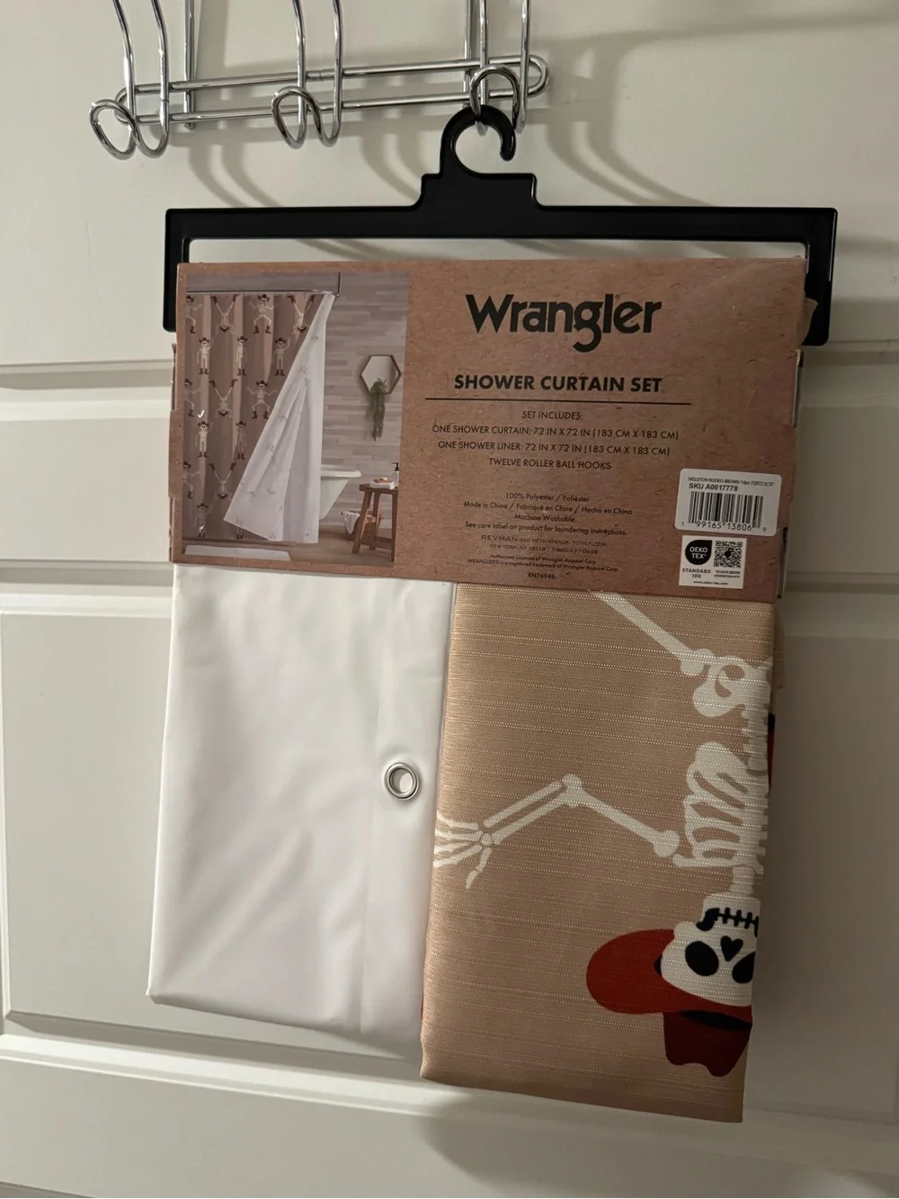 Wrangler White & Tan Shower Curtain Set with Skeleton Cowboy Motif